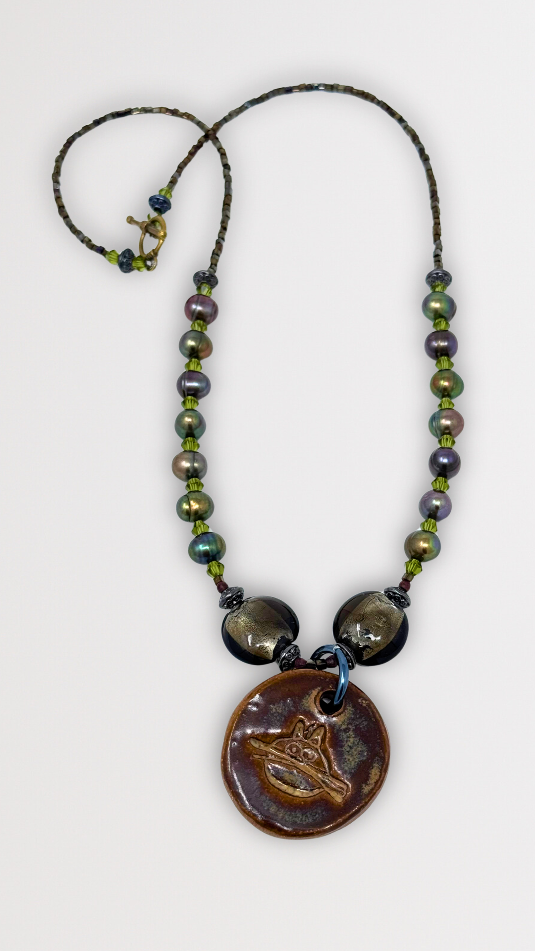 Beaded Necklace with Ceramic Cat Pendant