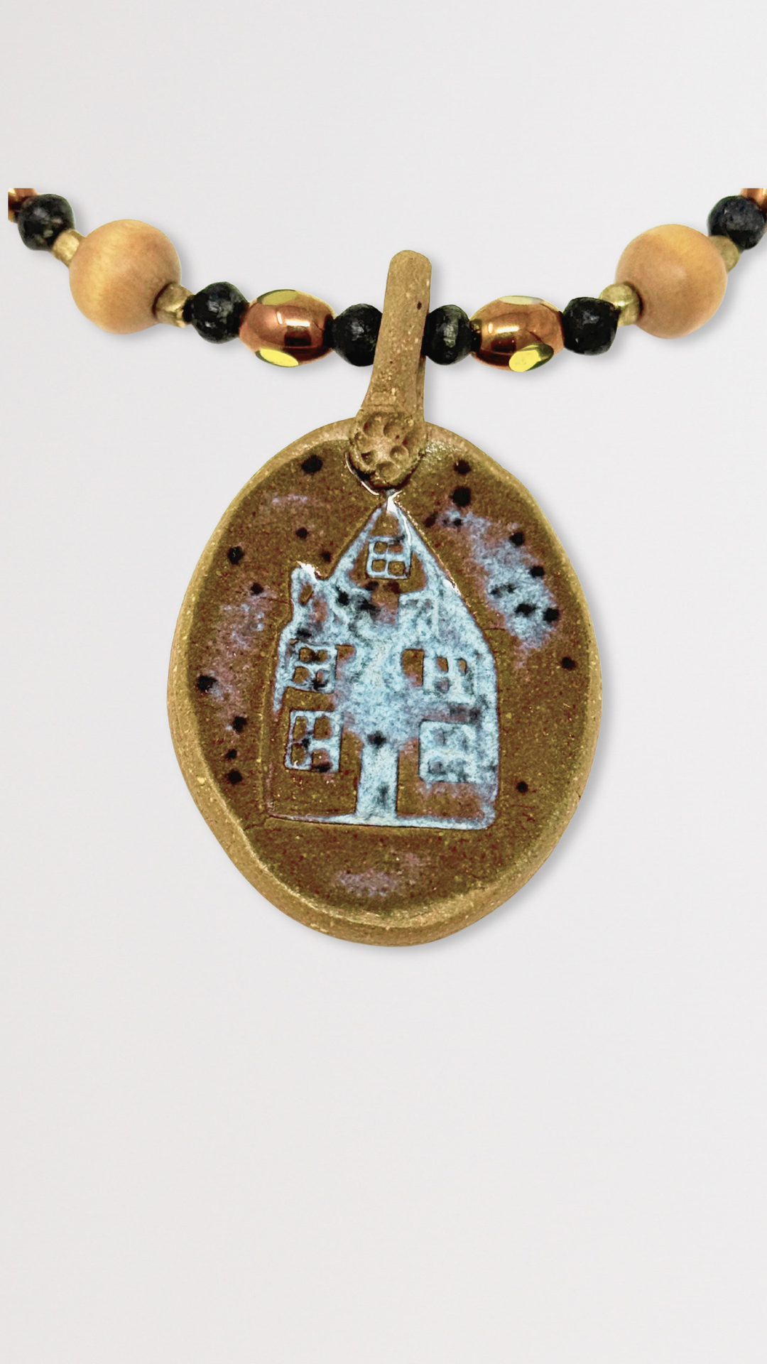 Beaded Necklace with Ceramic House Pendant