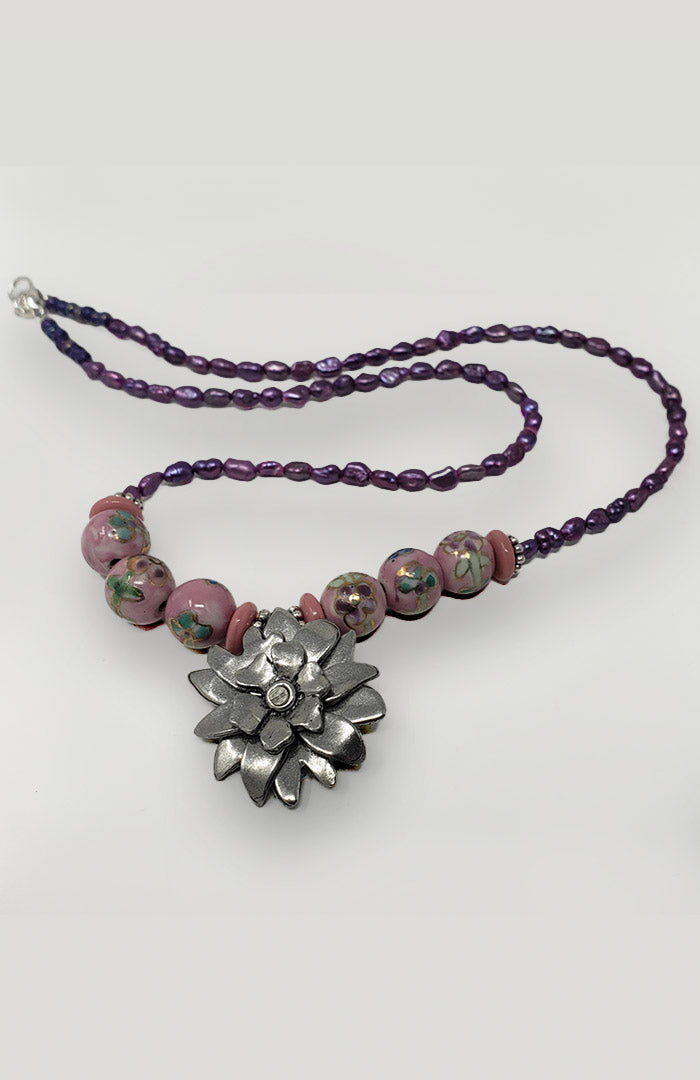 Beaded Necklace with Passion Flower Charm